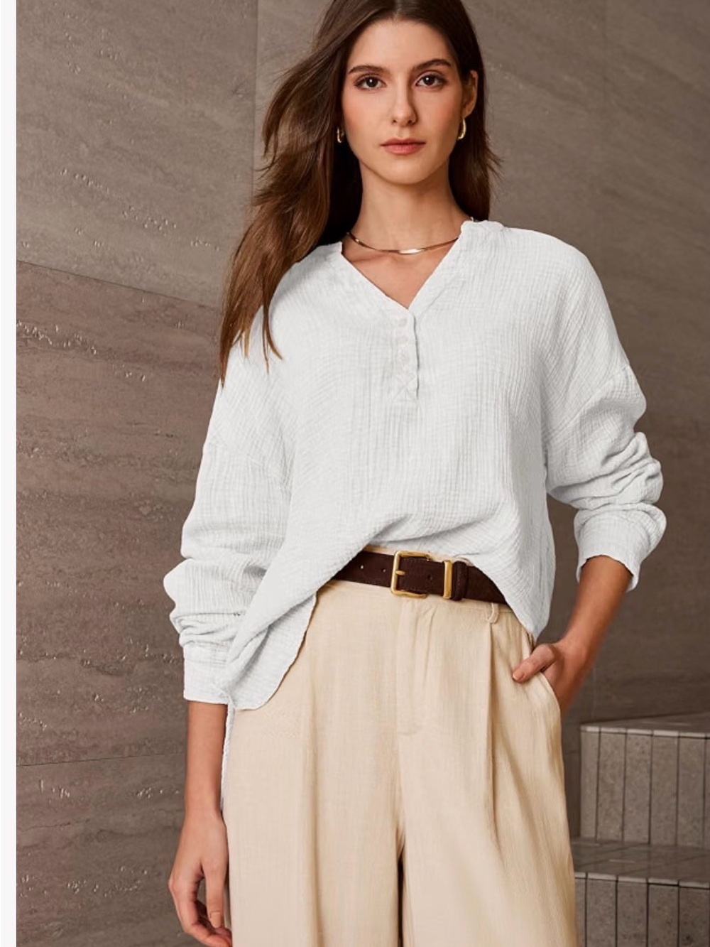 Lightweight White Gauze Henley Tunic - Relaxed Women’s Top